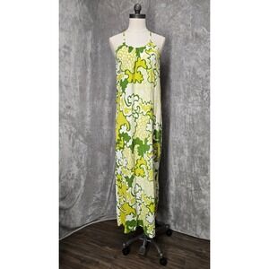 Manuhealii Hawaii Green Floral Lightweight Maxi Dress Sleeveless Summer Casual S